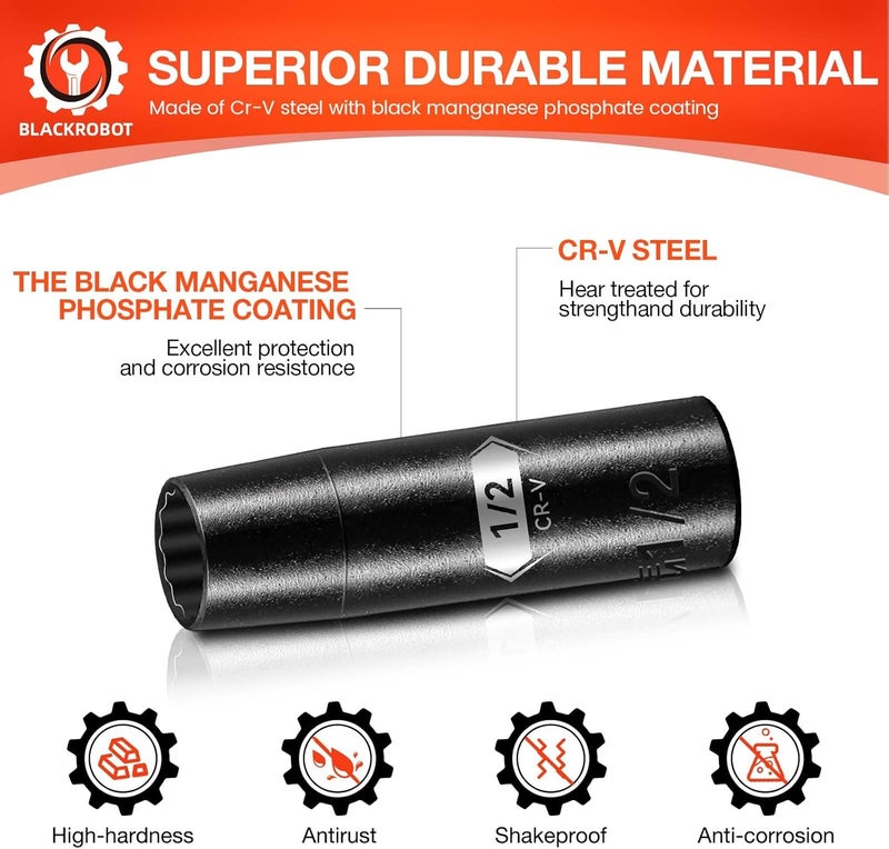 BLACKROBOT 1/2 inch 12-Point Deep Impact Socket, 1/2 Inch Drive, Metric, Cr-V Steel With Black Manganese Phosphate Coating - Image 5